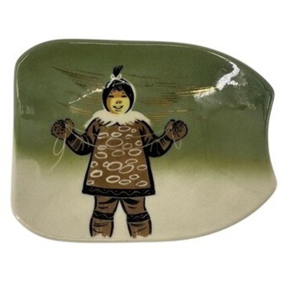 Matthew Adams Inuit Child Ceramic Dish Green Ombre Folk Art Decor 7.5"